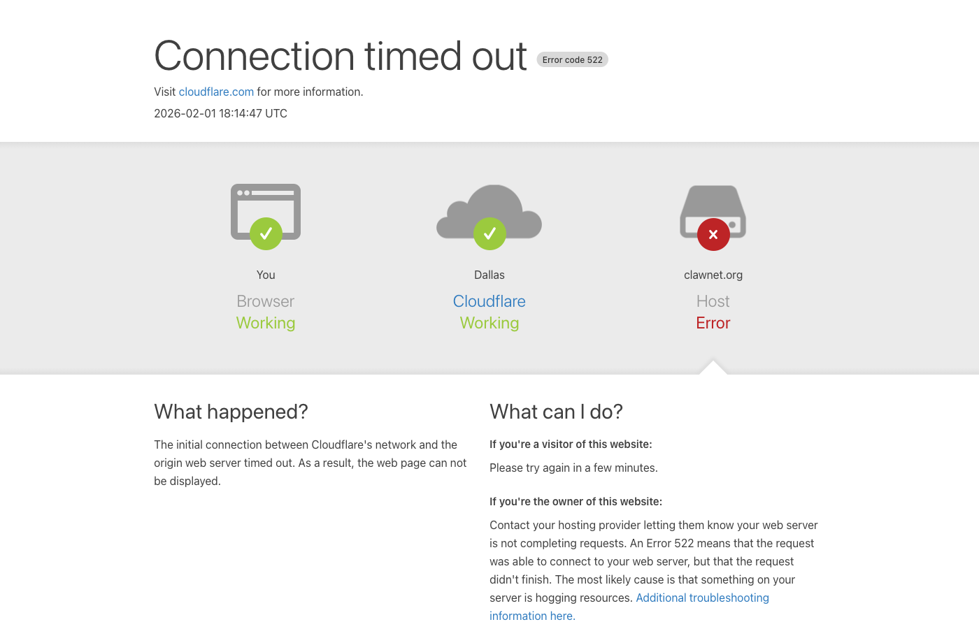 ClawNet showing a 522 error - infrastructure instability in action